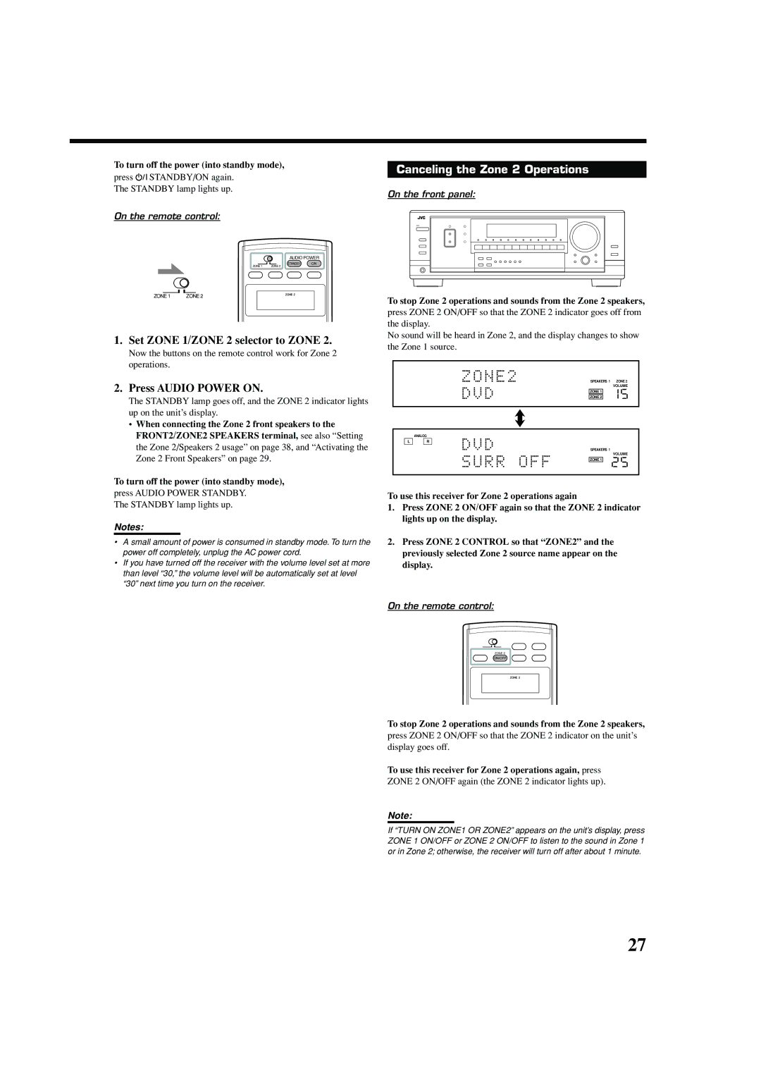 JVC RX-8040B manual Canceling the Zone 2 Operations, Press STANDBY/ON again, Standby lamp lights up 