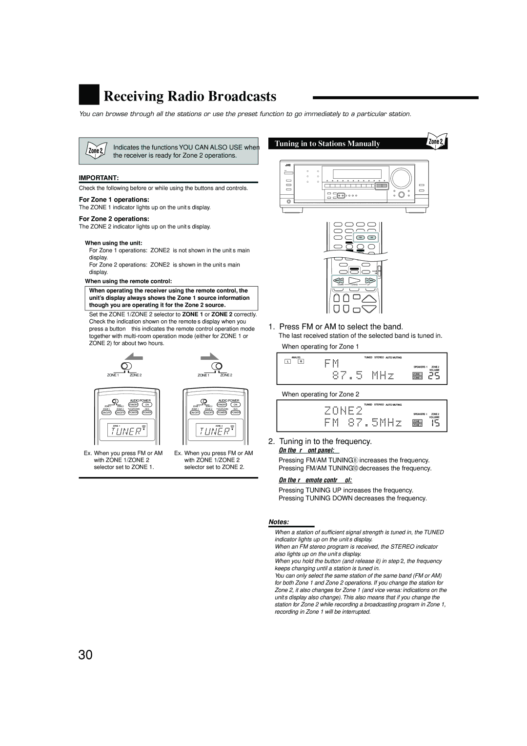 JVC RX-8040B manual Receiving Radio Broadcasts, Tuning in to Stations Manually, Press FM or AM to select the band 