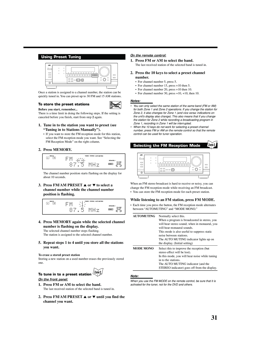 JVC RX-8040B manual Using Preset Tuning, Press Memory, Press the 10 keys to select a preset channel number 