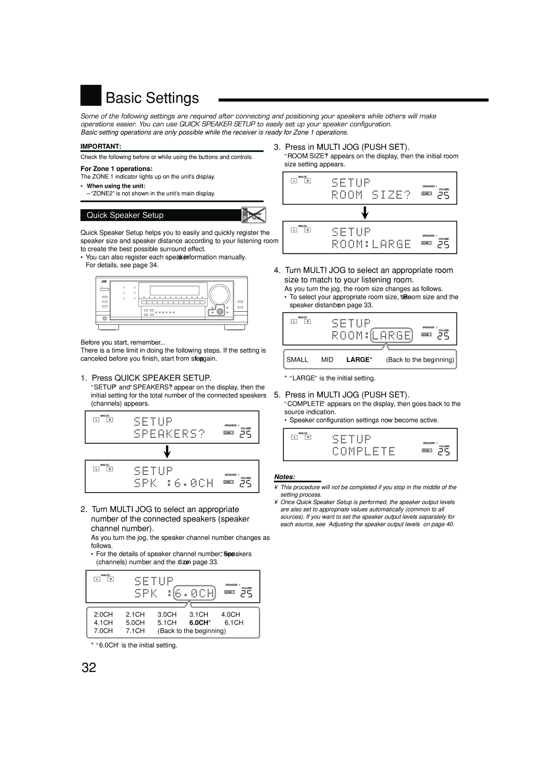 JVC RX-8040B manual Basic Settings, Press Quick Speaker Setup, Channel number, Press in Multi JOG Push SET 