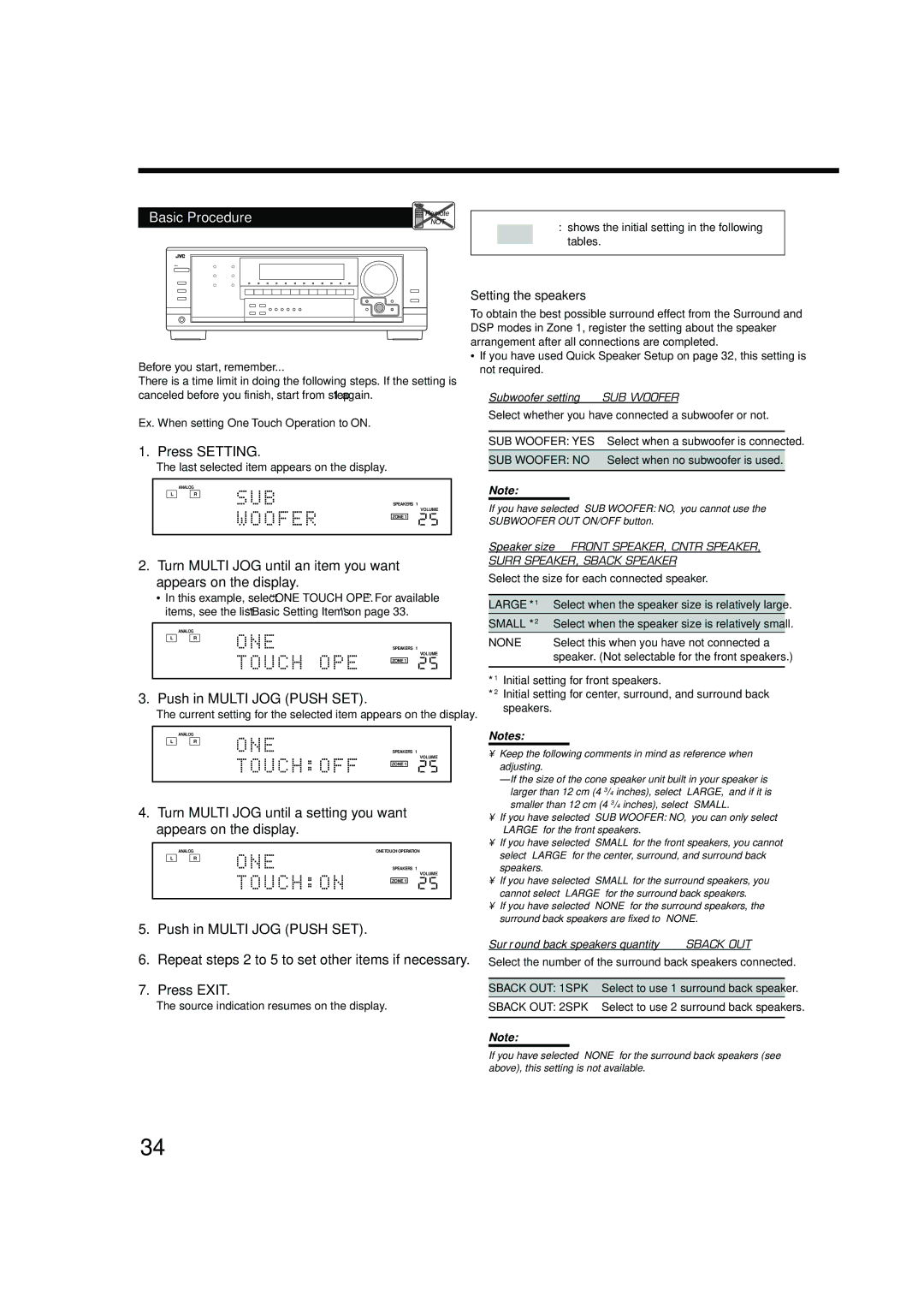 JVC RX-8040B manual Press Setting, Push in Multi JOG Push SET, Press Exit, Setting the speakers 