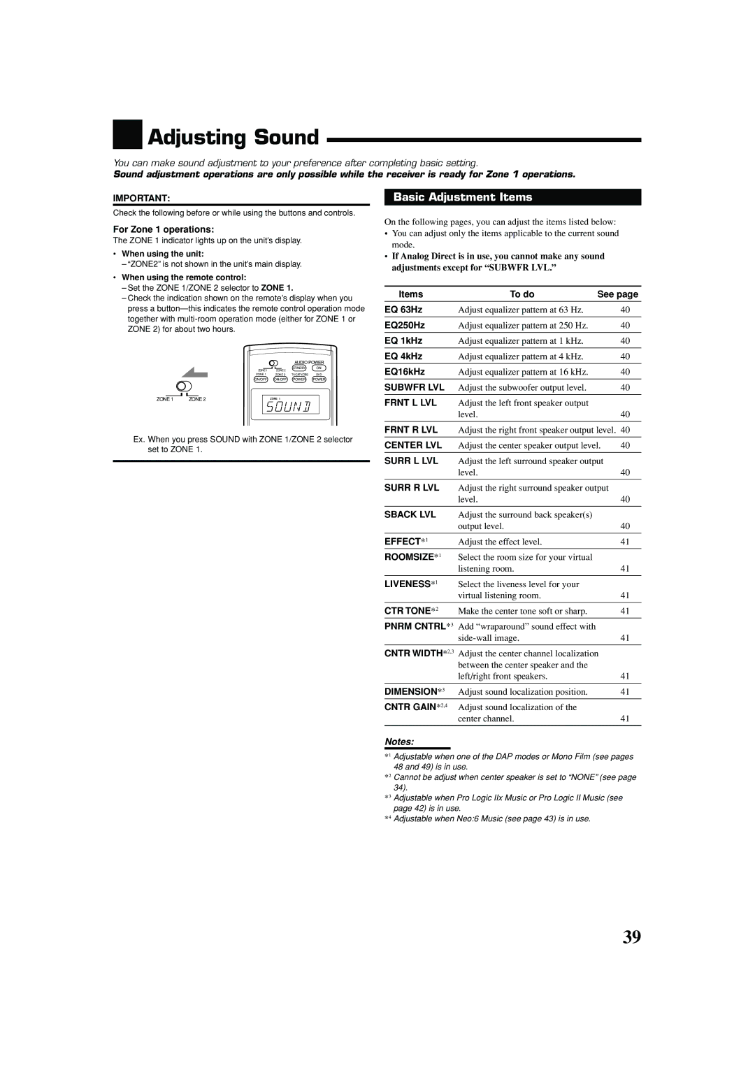 JVC RX-8040B manual Adjusting Sound, Basic Adjustment Items 