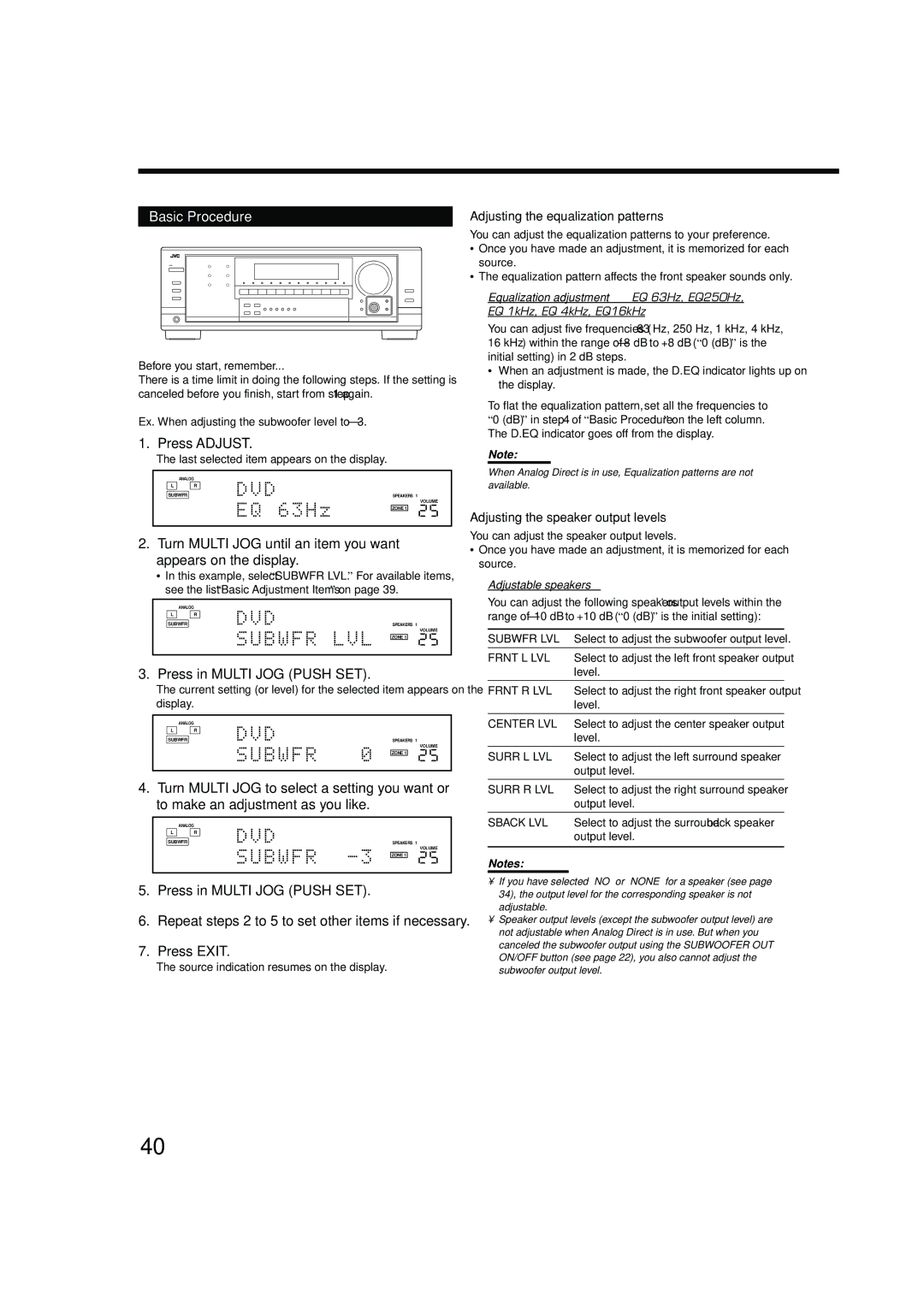 JVC RX-8040B manual Basic Procedure, Press Adjust, Adjusting the equalization patterns, Adjusting the speaker output levels 