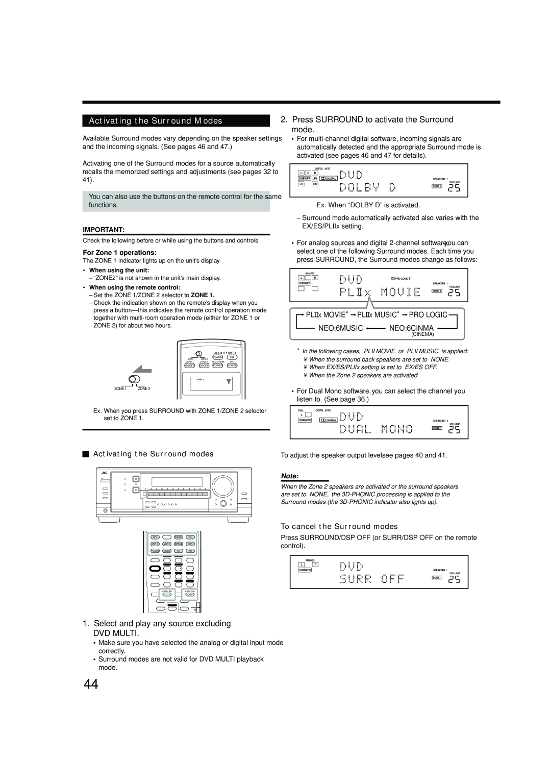 JVC RX-8040B Activating the Surround Modes, Press Surround to activate the Surround mode, Activating the Surround modes 