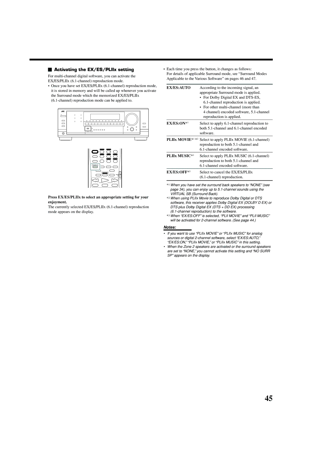 JVC RX-8040B manual Activating the EX/ES/PLIIx setting, Ex/Esauto, Ex/Eson, PLIIx Music, Ex/Esoff 