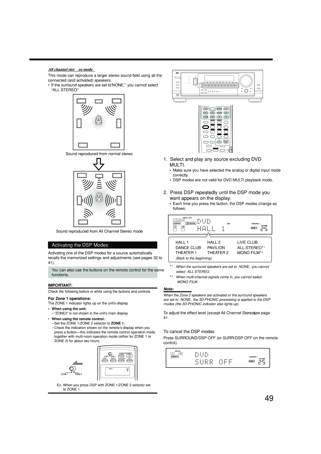 JVC RX-8040B manual Activating the DSP Modes, Select and play any source excluding DVD Multi, To cancel the DSP modes 