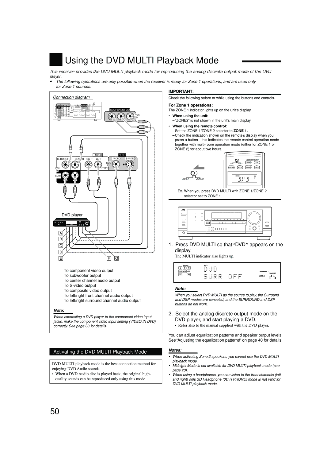 JVC RX-8040B manual Using the DVD Multi Playback Mode, Press DVD Multi so that DVD appears on the display 