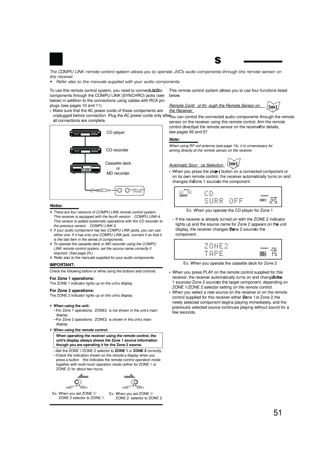 JVC RX-8040B manual Compu Link Remote Control System, Remote Control through the Remote Sensor on the Receiver 