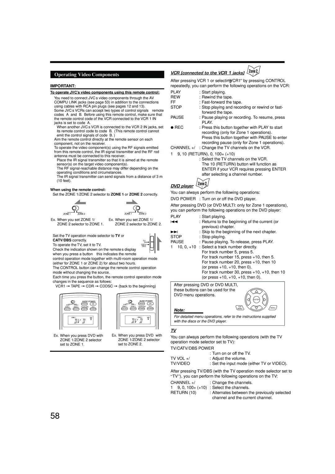 JVC RX-8040B manual Operating Video Components, VCR connected to the VCR 1 jacks, DVD player 