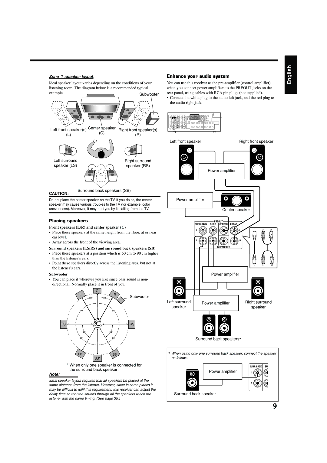 JVC RX-8040B manual Placing speakers 