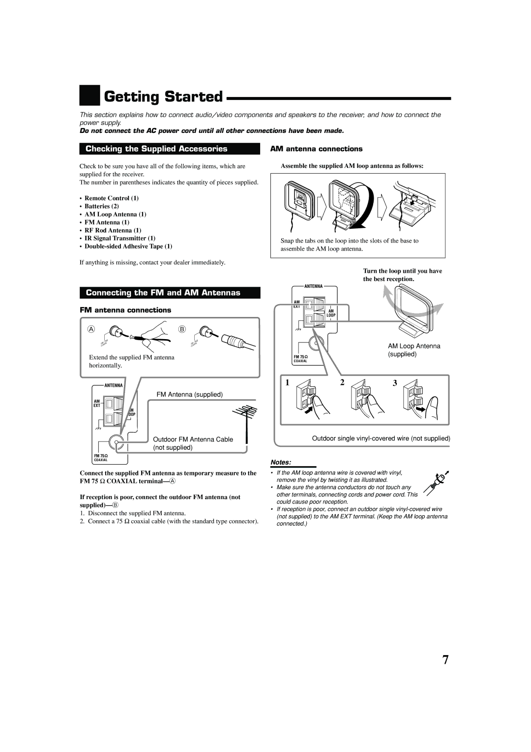 JVC RX-8040B Getting Started, Checking the Supplied Accessories, Connecting the FM and AM Antennas, AM antenna connections 