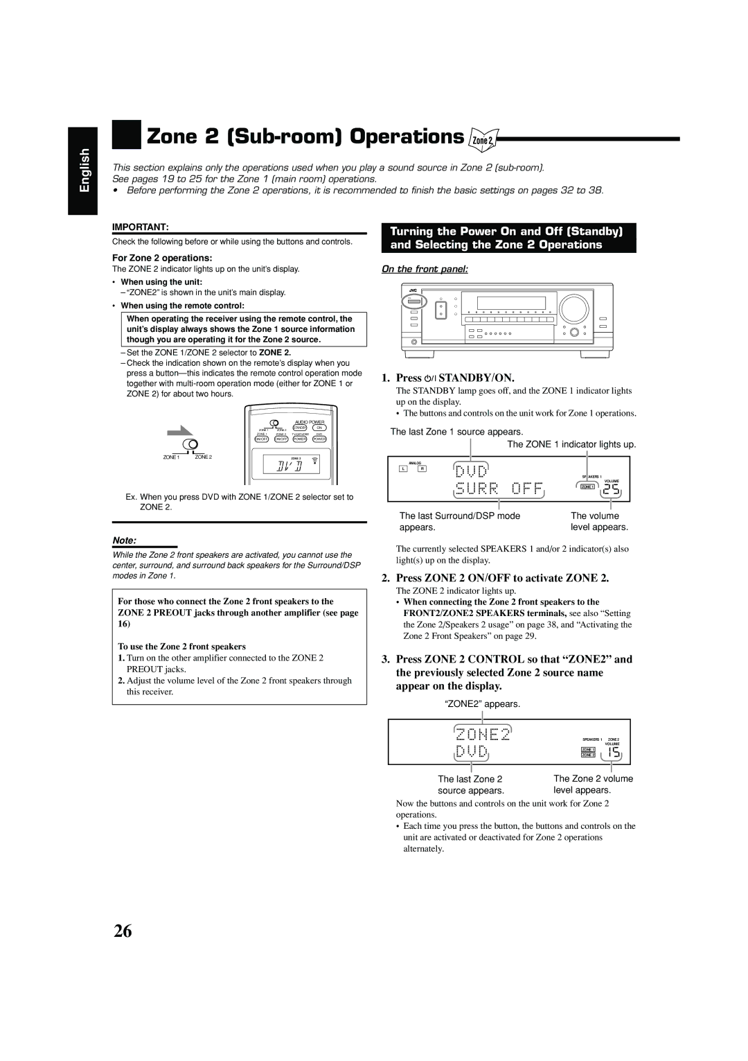 JVC RX-8040B manual Zone 2 Sub-room Operations 