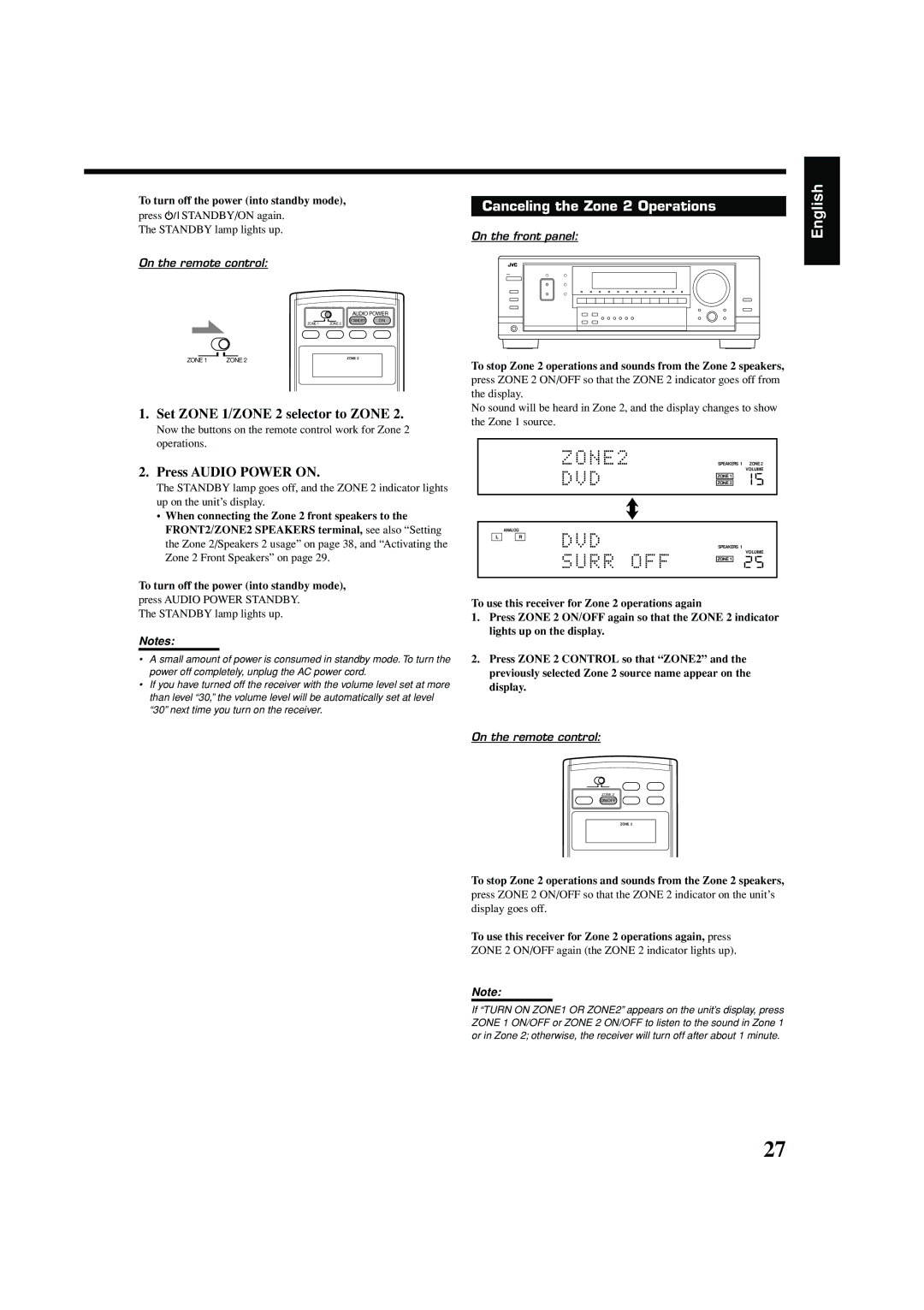 JVC RX-8040B manual Canceling the Zone 2 Operations 