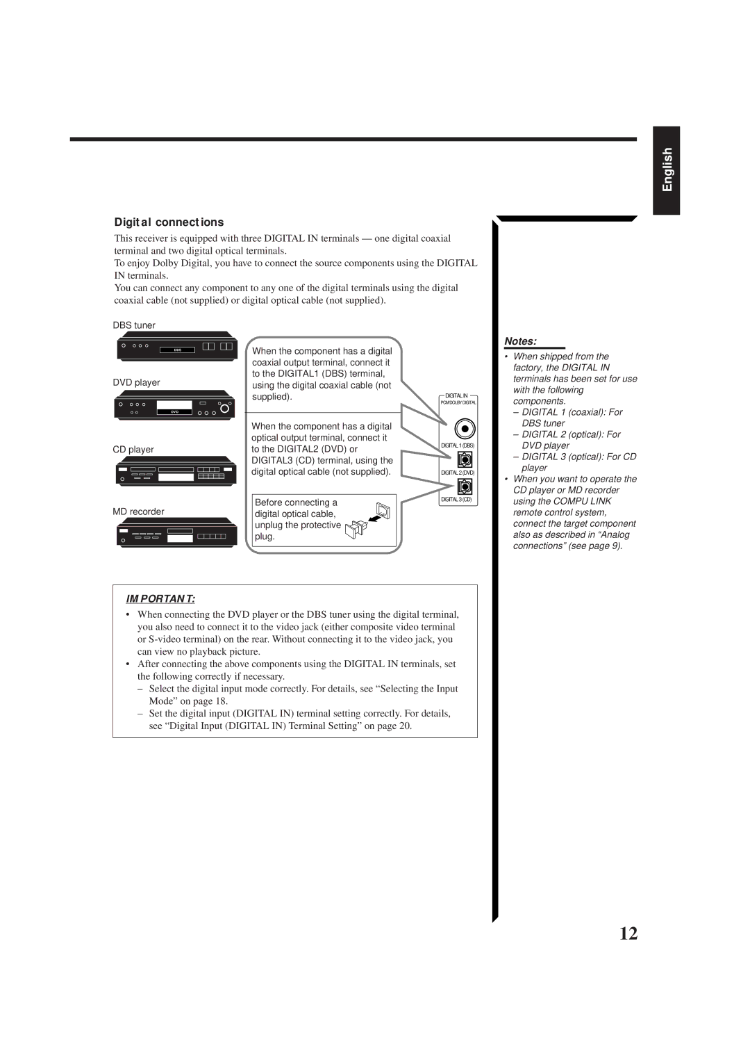 JVC RX-884PBK manual Digital connections, Digital 1 coaxial For 