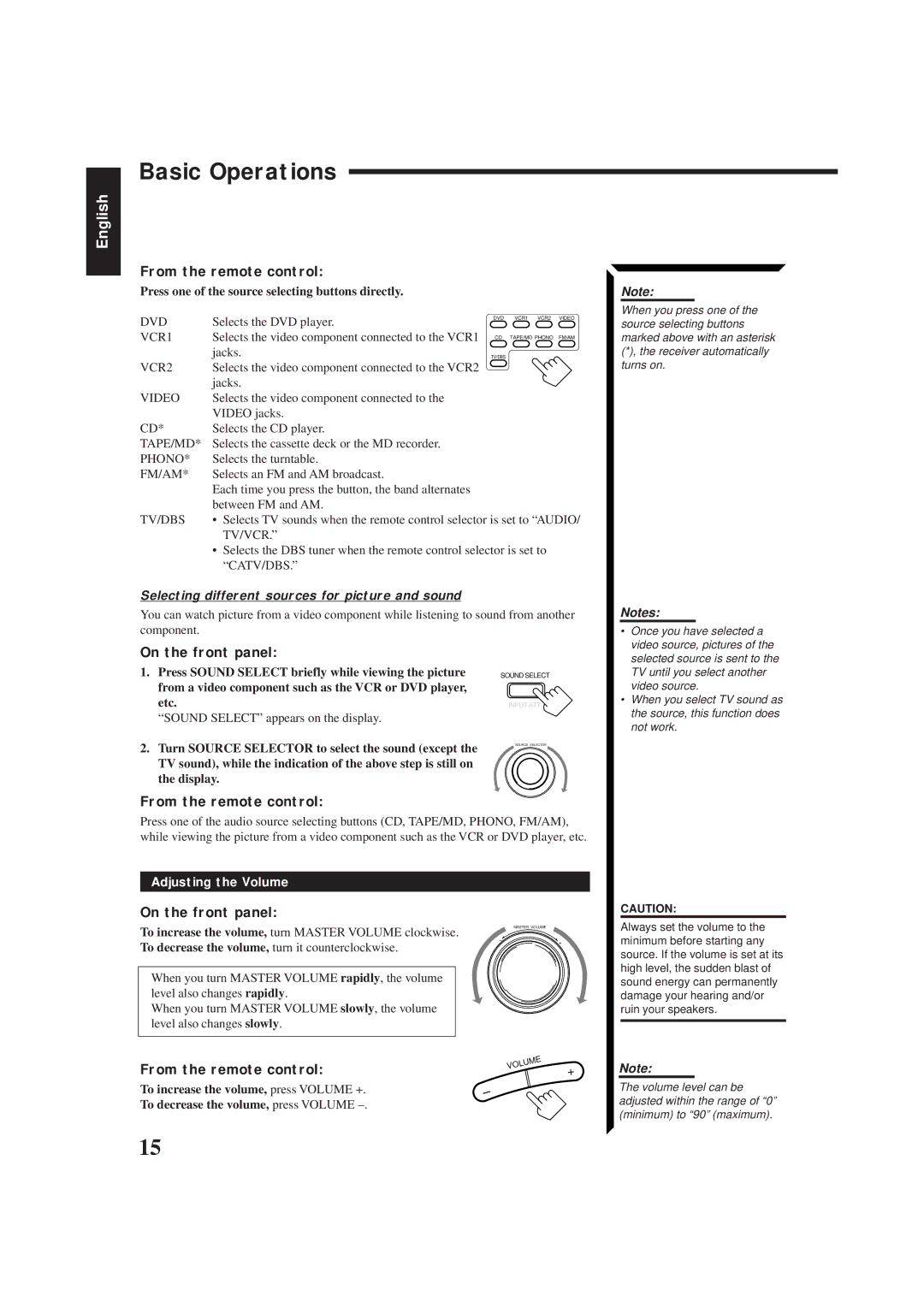 JVC RX-884PBK manual Basic Operations, Press one of the source selecting buttons directly, Adjusting the Volume 