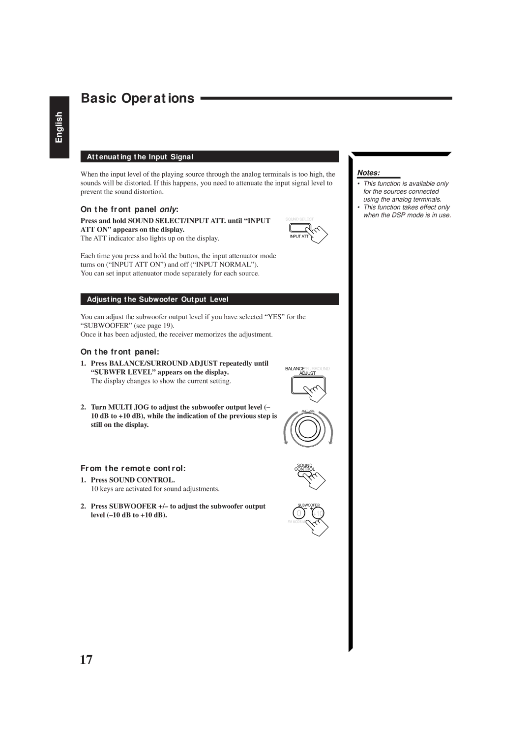 JVC RX-884PBK manual Attenuating the Input Signal, Adjusting the Subwoofer Output Level, Press Sound Control 