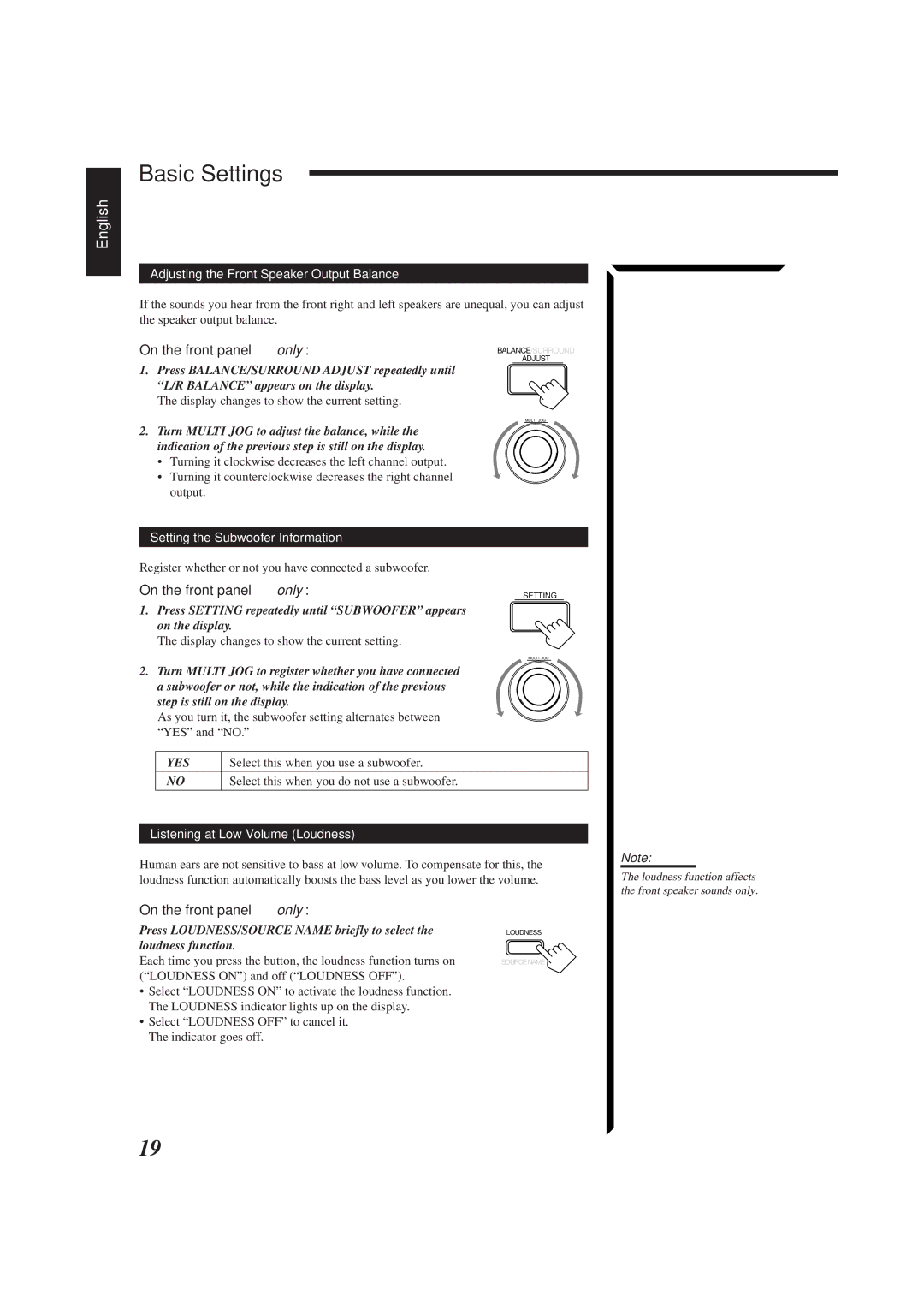 JVC RX-884PBK manual Basic Settings, Adjusting the Front Speaker Output Balance, Setting the Subwoofer Information 