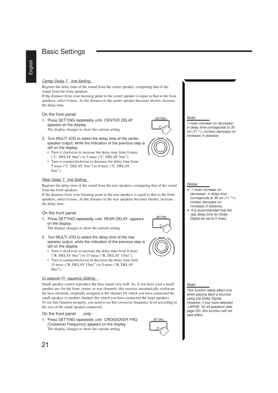 JVC RX-884PBK manual Center Delay Time Setting, Rear Delay Time Setting, Crossover Frequency Setting 