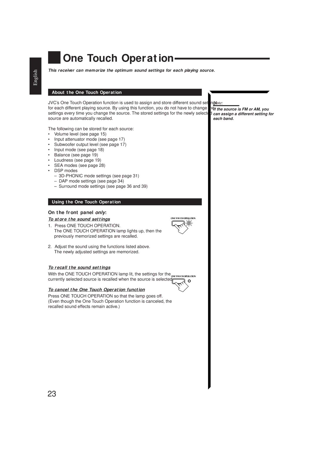 JVC RX-884PBK manual One Touch Operation, To store the sound settings, To recall the sound settings 