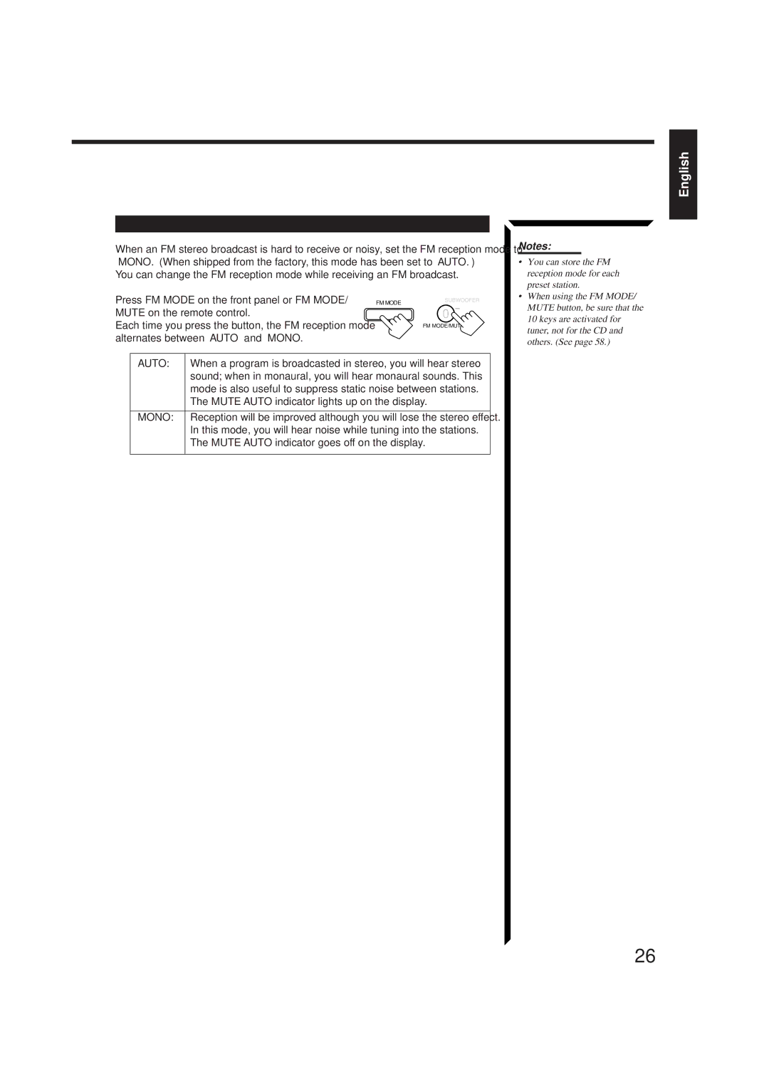 JVC RX-884PBK Selecting the FM Reception Mode, Press FM Mode on the front panel or FM Mode, Mute on the remote control 