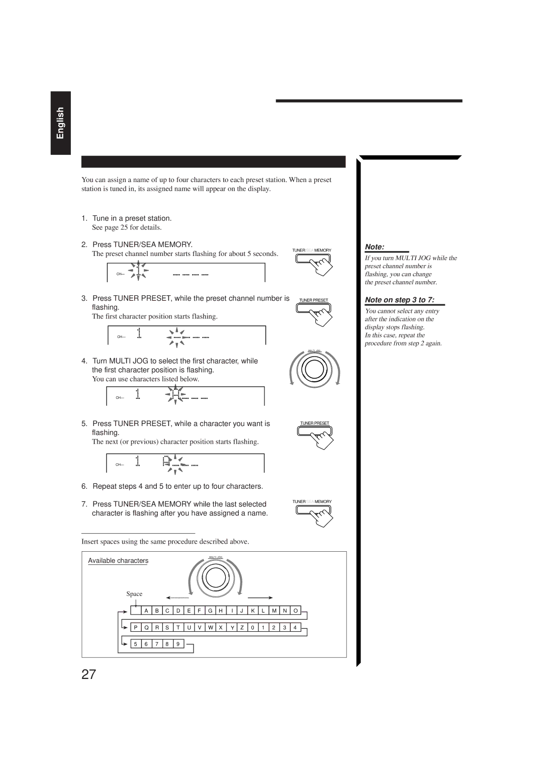 JVC RX-884PBK manual Assigning Names to Preset Stations, Press Tuner PRESET, while a character you want is, Flashing 