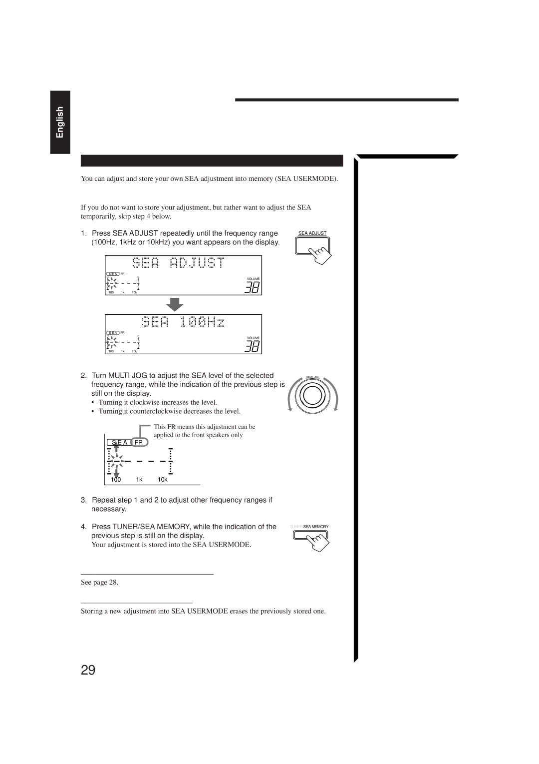 JVC RX-884PBK manual Using the SEA Modes, Creating Your Own SEA Mode, To recall your own SEA adjustment 