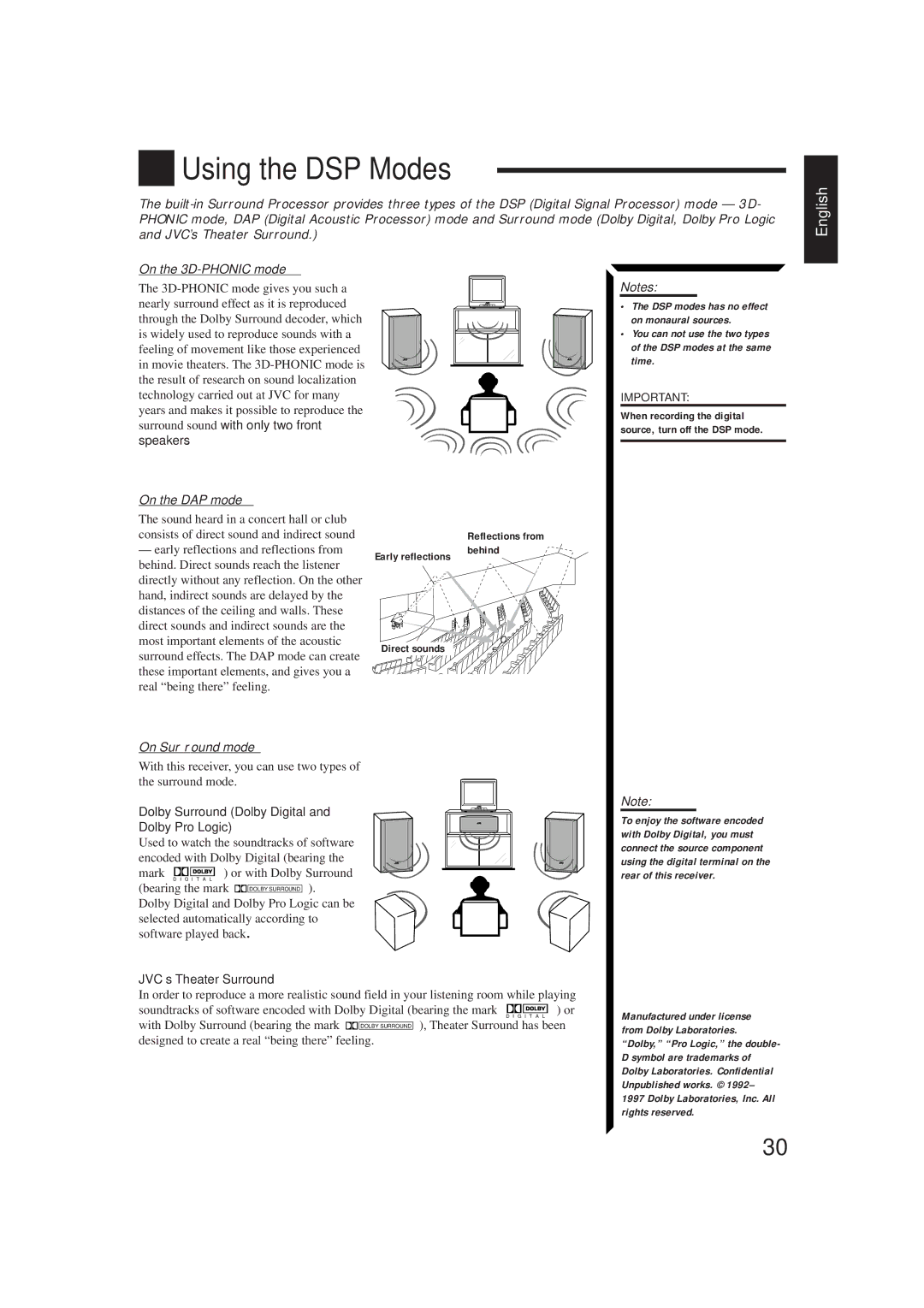 JVC RX-884PBK manual Using the DSP Modes, On the 3D-PHONIC mode, On the DAP mode, On Surround mode 