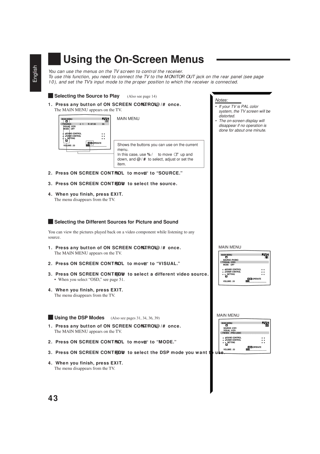 JVC RX-884PBK manual Using the On-Screen Menus, Selecting the Source to Play Also see, When you select OSD, see 