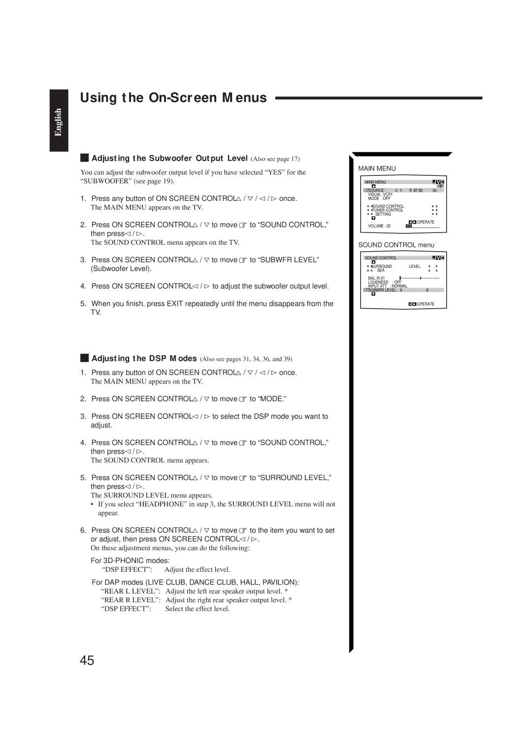 JVC RX-884PBK manual Using the On-Screen Menus, Adjusting the Subwoofer Output Level Also see, For 3D-PHONIC modes 