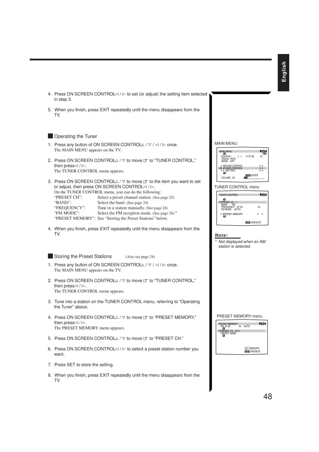 JVC RX-884PBK manual Operating the Tuner, Storing the Preset Stations Also see 