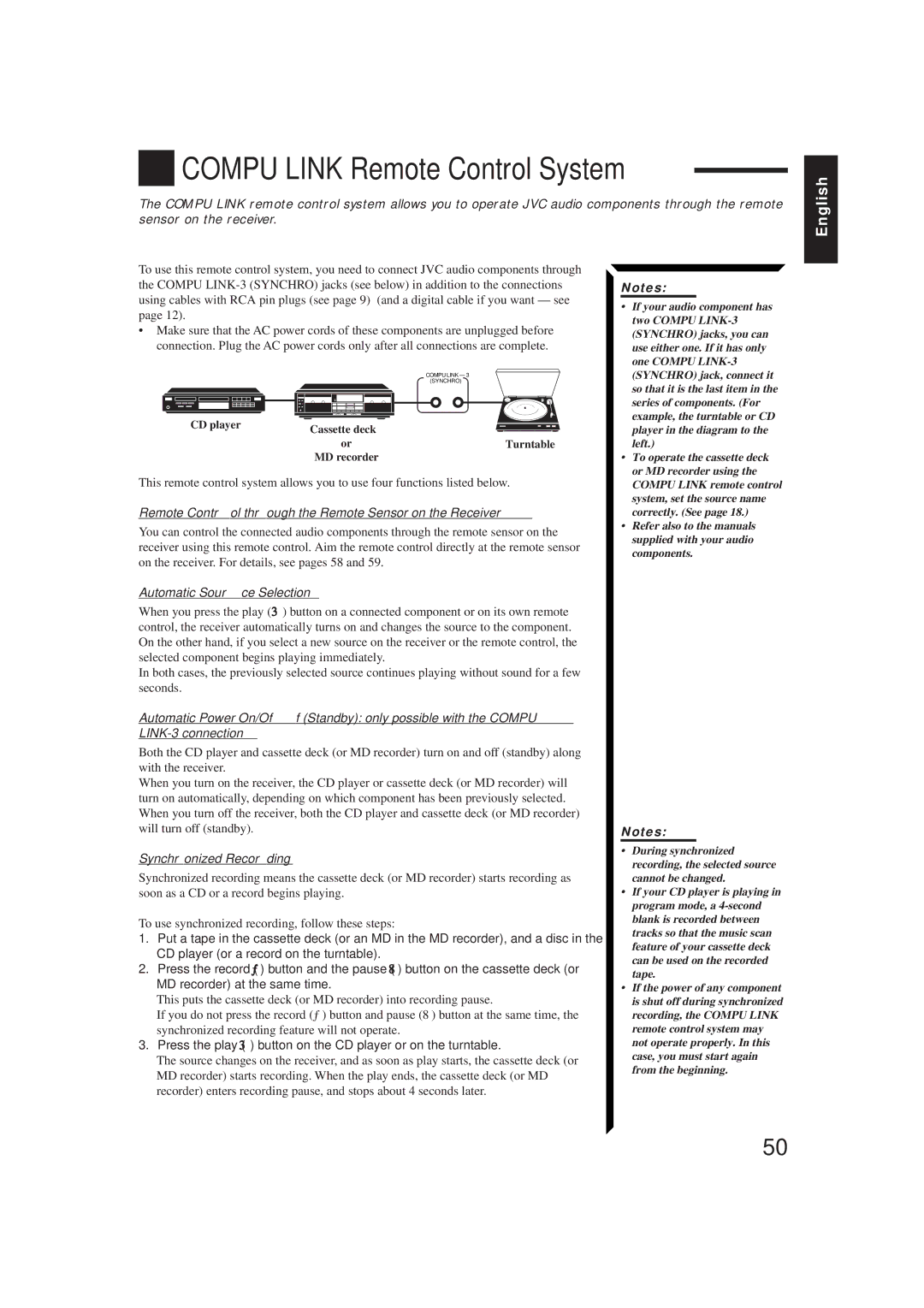 JVC RX-884PBK manual Compu Link Remote Control System, Remote Control through the Remote Sensor on the Receiver 