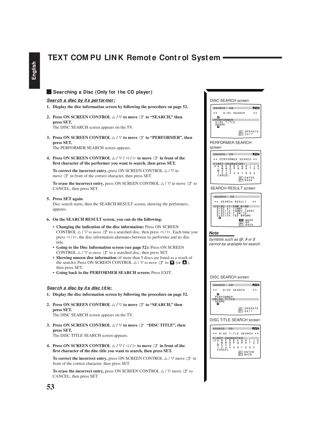 JVC RX-884PBK manual Text Compu Link Remote Control System, Searching a Disc Only for the CD player 