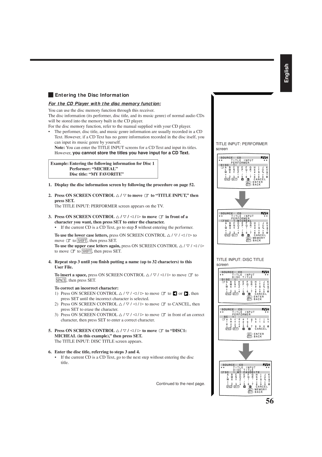 JVC RX-884PBK manual Entering the Disc Information, For the CD Player with the disc memory function 