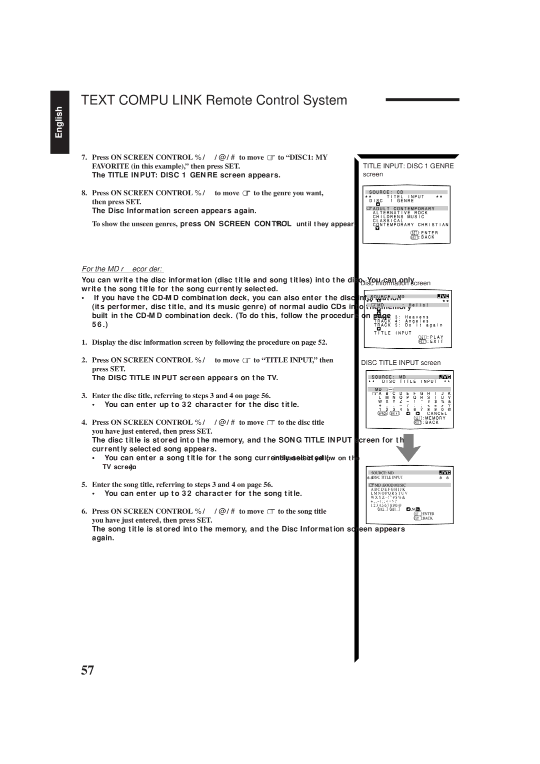 JVC RX-884PBK manual For the MD recorder, Enter the disc title, referring to steps 3 and 4 on 