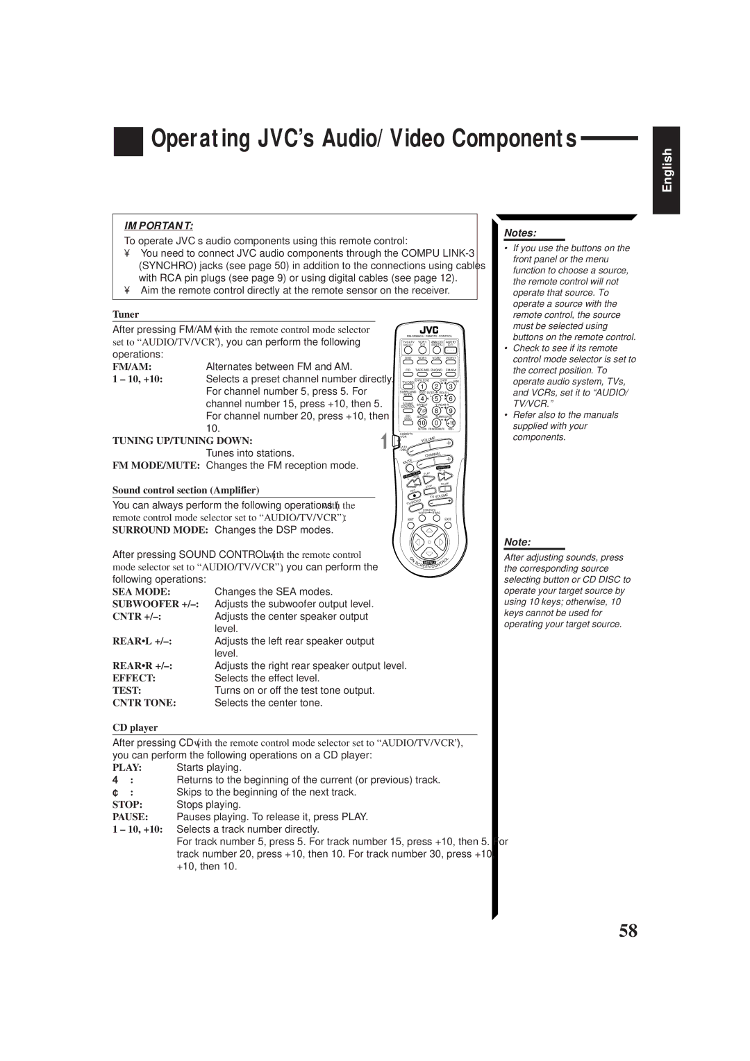 JVC RX-884PBK manual Operating JVC’s Audio/Video Components 