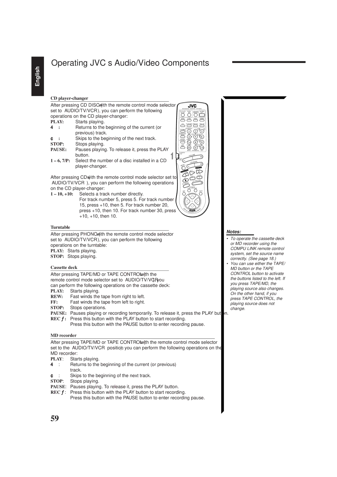 JVC RX-884PBK manual Operating JVC’s Audio/Video Components, CD player-changer, Turntable, Cassette deck, MD recorder 