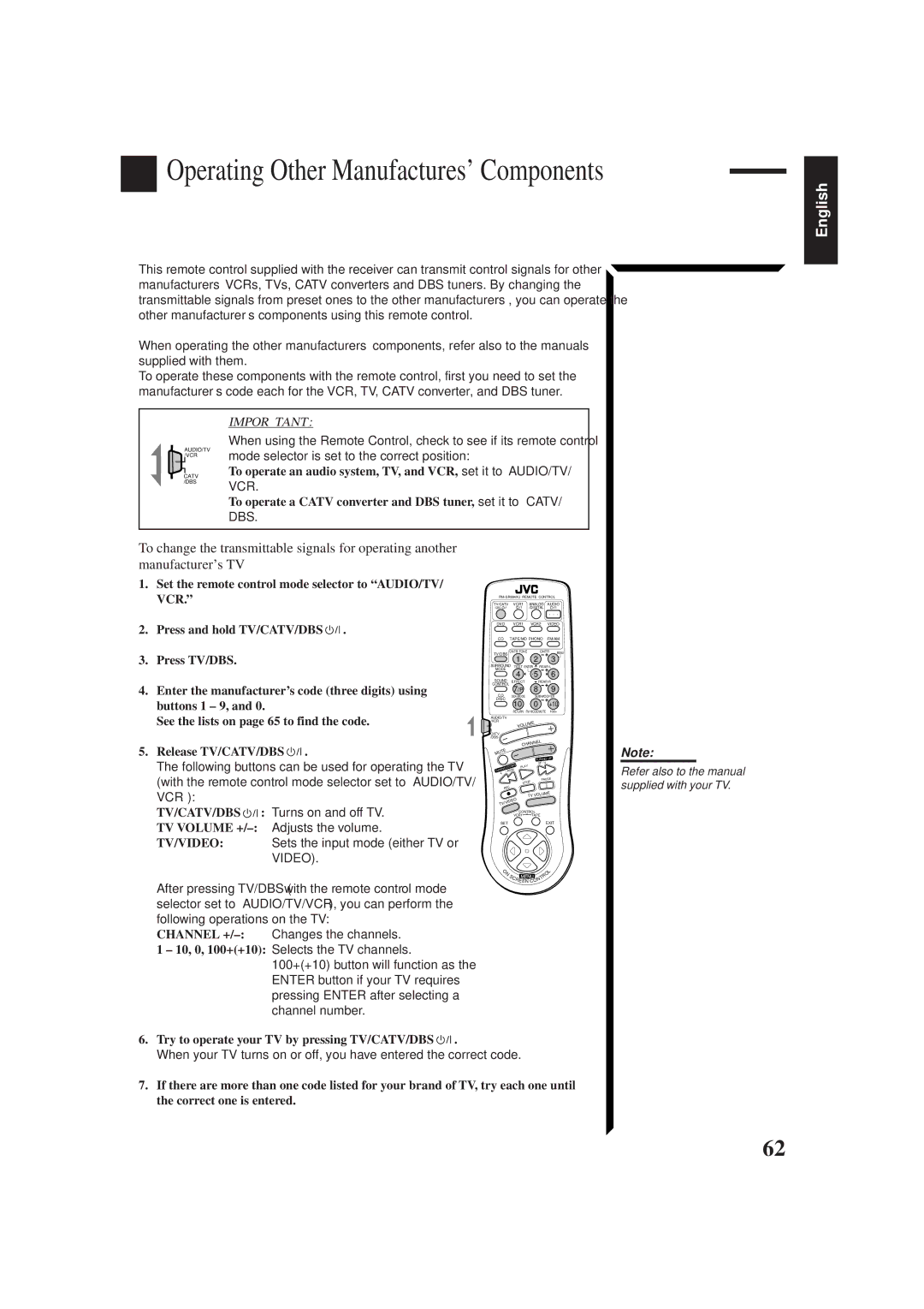 JVC RX-884PBK manual Operating Other Manufactures’ Components, Try to operate your TV by pressing TV/CATV/DBS 