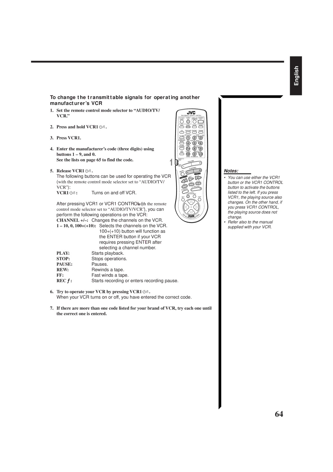 JVC RX-884PBK manual Starts playback, Pauses, Try to operate your VCR by pressing VCR1 