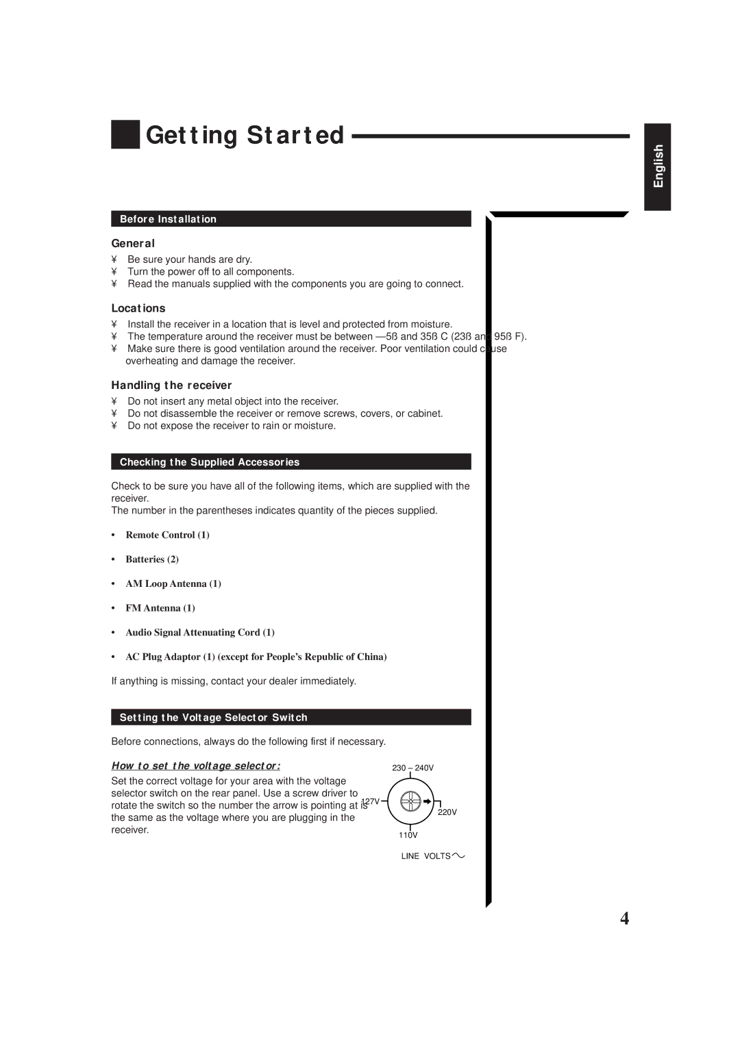 JVC RX-884PBK manual Getting Started, General, Locations, Handling the receiver, How to set the voltage selector 