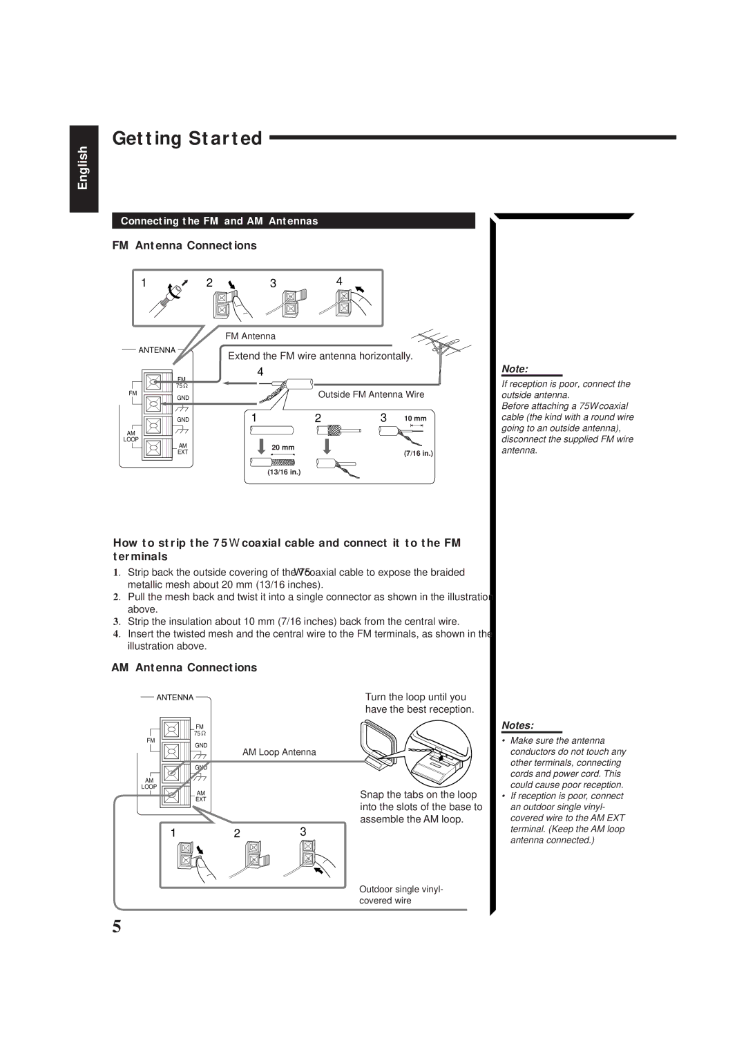 JVC RX-884PBK manual Getting Started, FM Antenna Connections, AM Antenna Connections, Connecting the FM and AM Antennas 