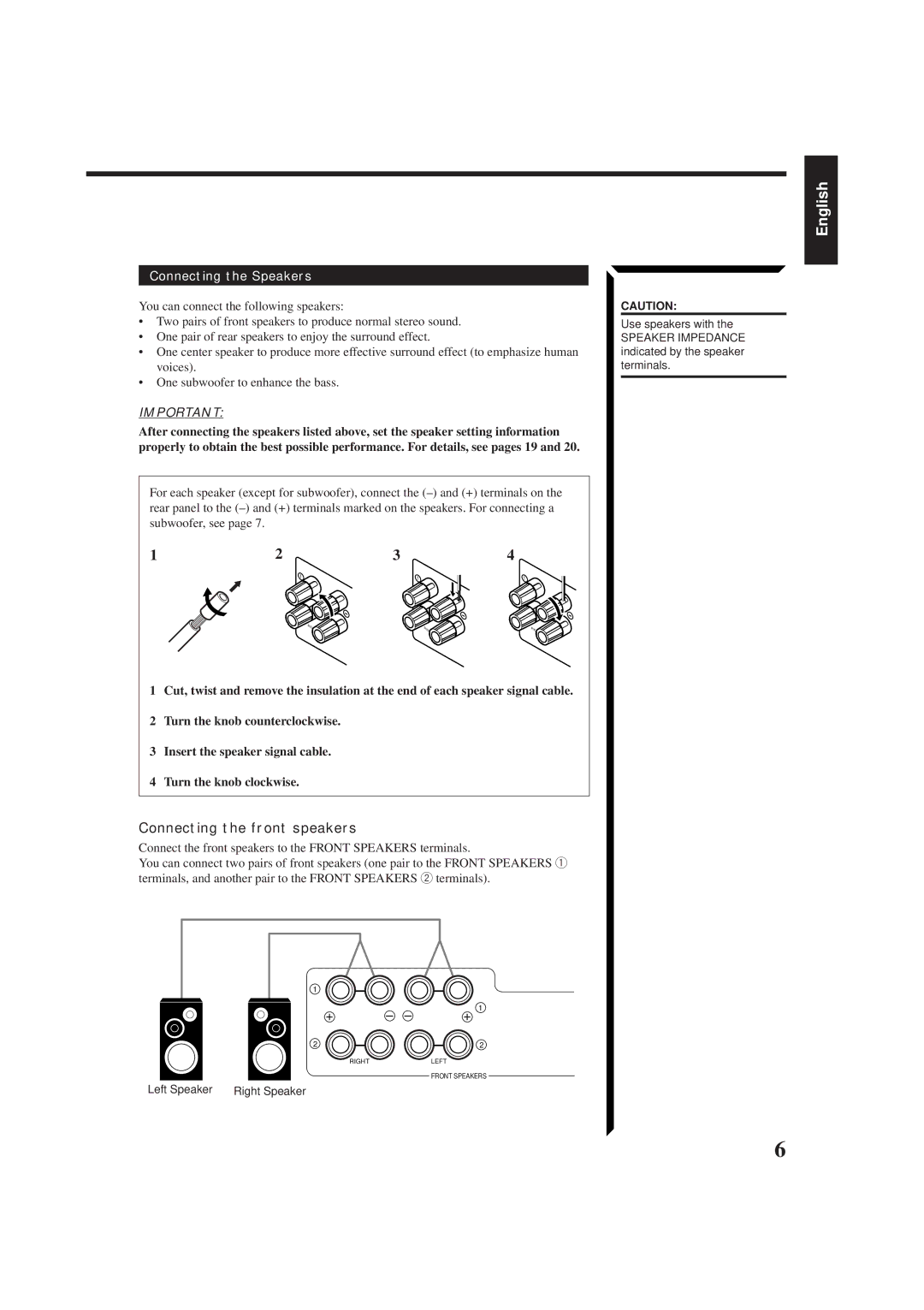 JVC RX-884PBK manual Connecting the front speakers, Connecting the Speakers 