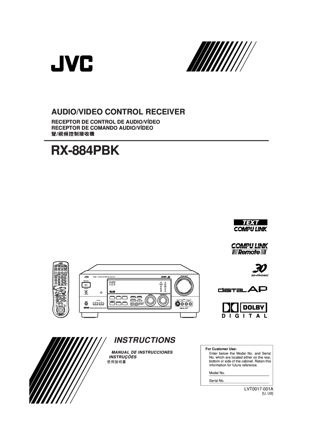 JVC RX-884PBK manual Audio/Video Control Receiver, Instructions, D I G I T A L, LVT0017-001A, For Customer Use 