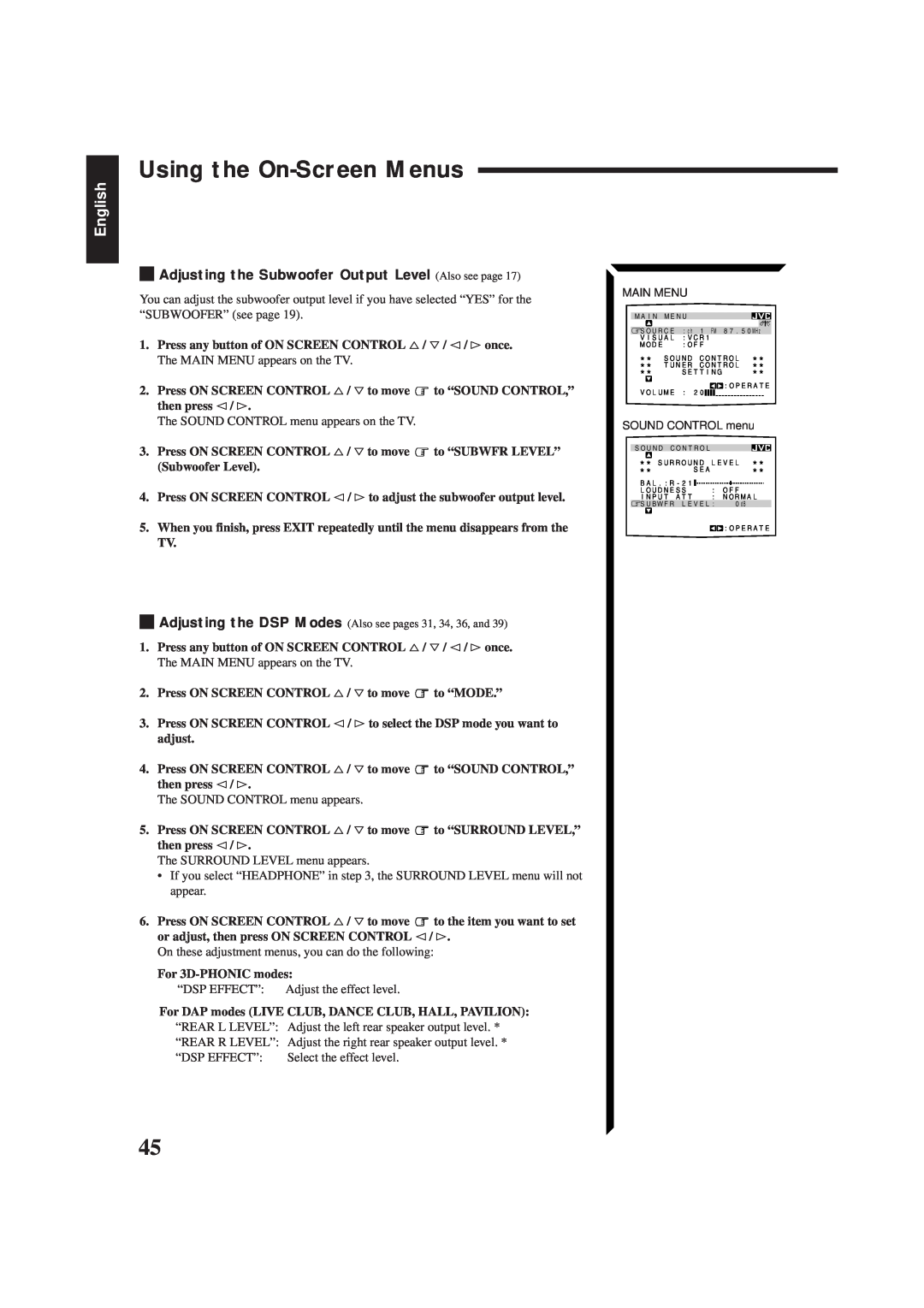 JVC RX-884PBK manual Using the On-ScreenMenus, English 
