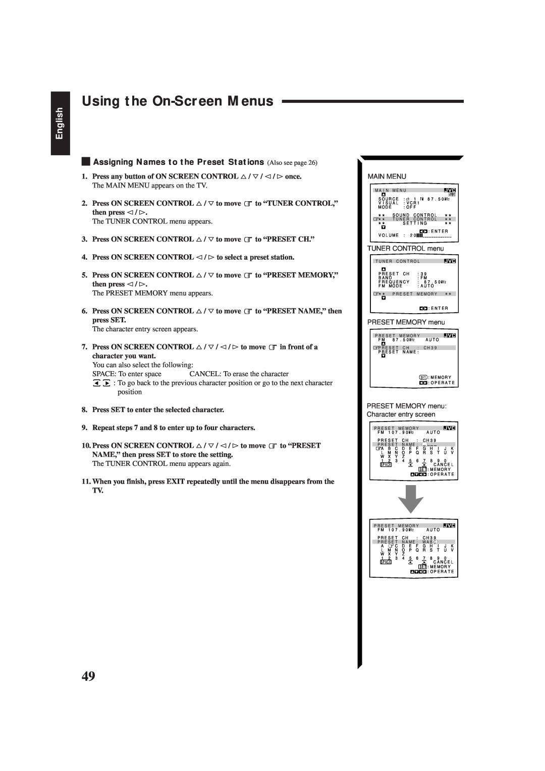 JVC RX-884PBK manual Using the On-ScreenMenus, English, Press SET to enter the selected character 