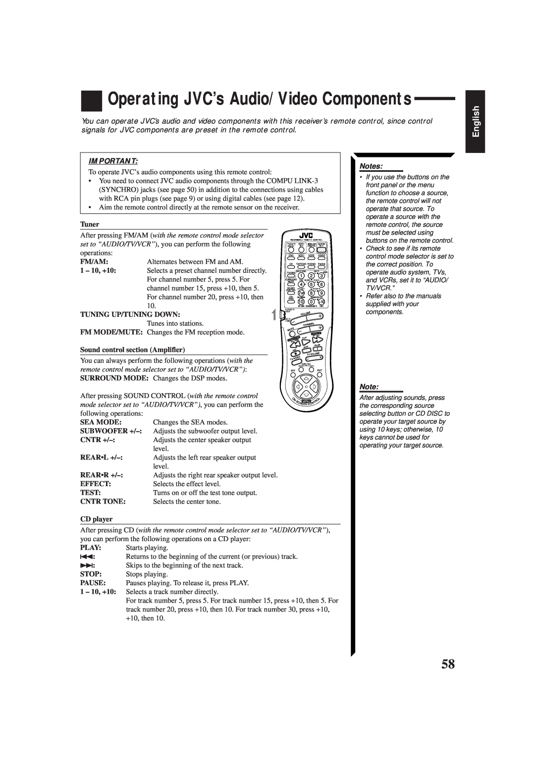 JVC RX-884PBK manual Operating JVC’s Audio/Video Components, English 