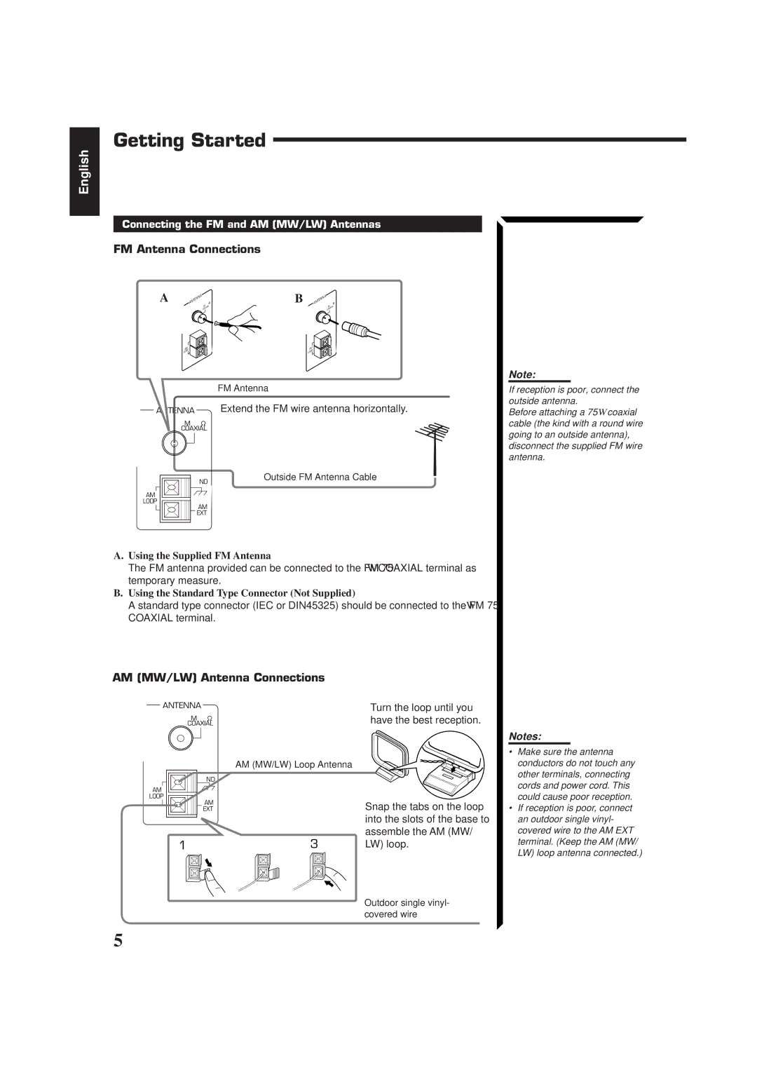 JVC RX-884RBK manual Getting Started, FM Antenna Connections, AM MW/LW Antenna Connections 