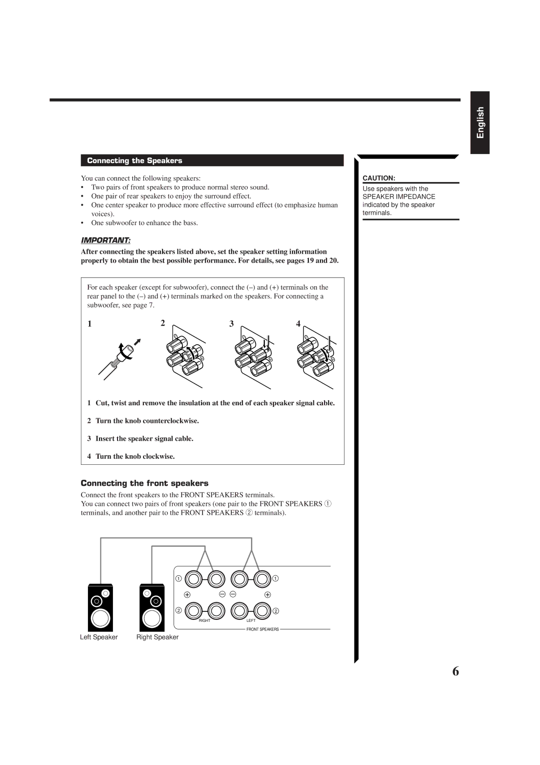 JVC RX-884RBK manual Connecting the front speakers, Connecting the Speakers 