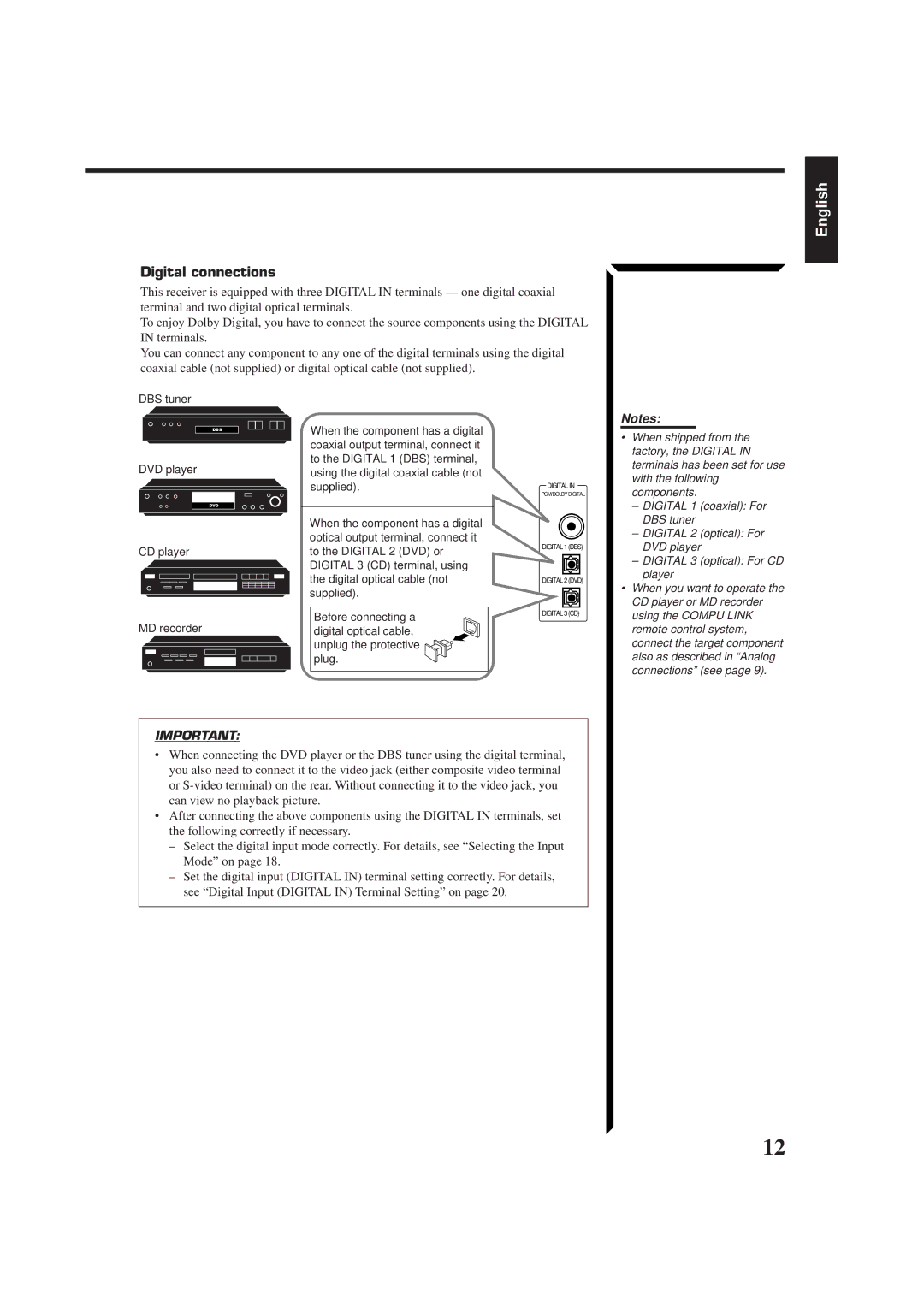 JVC RX-884RBK manual Digital connections, Digital 1 coaxial For 