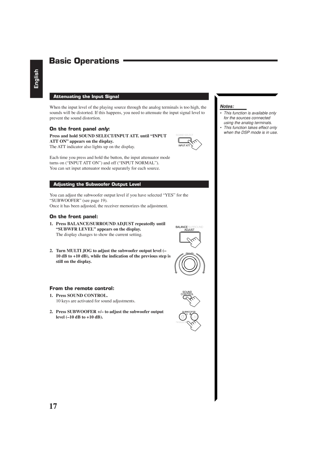 JVC RX-884RBK manual Attenuating the Input Signal, Adjusting the Subwoofer Output Level, Press Sound Control 