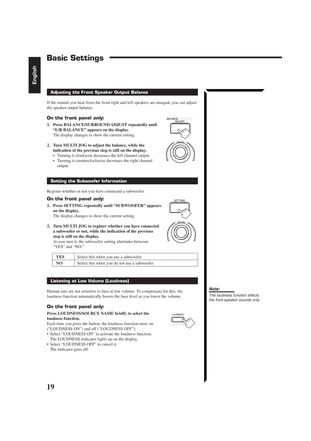 JVC RX-884RBK manual Basic Settings, Adjusting the Front Speaker Output Balance, Setting the Subwoofer Information 